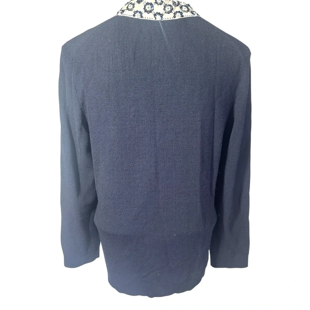 Tory Burch Merino Wool Printed Cardigan Sweater Large Navy Blue Sequins V-Neck - Picture 6 of 13